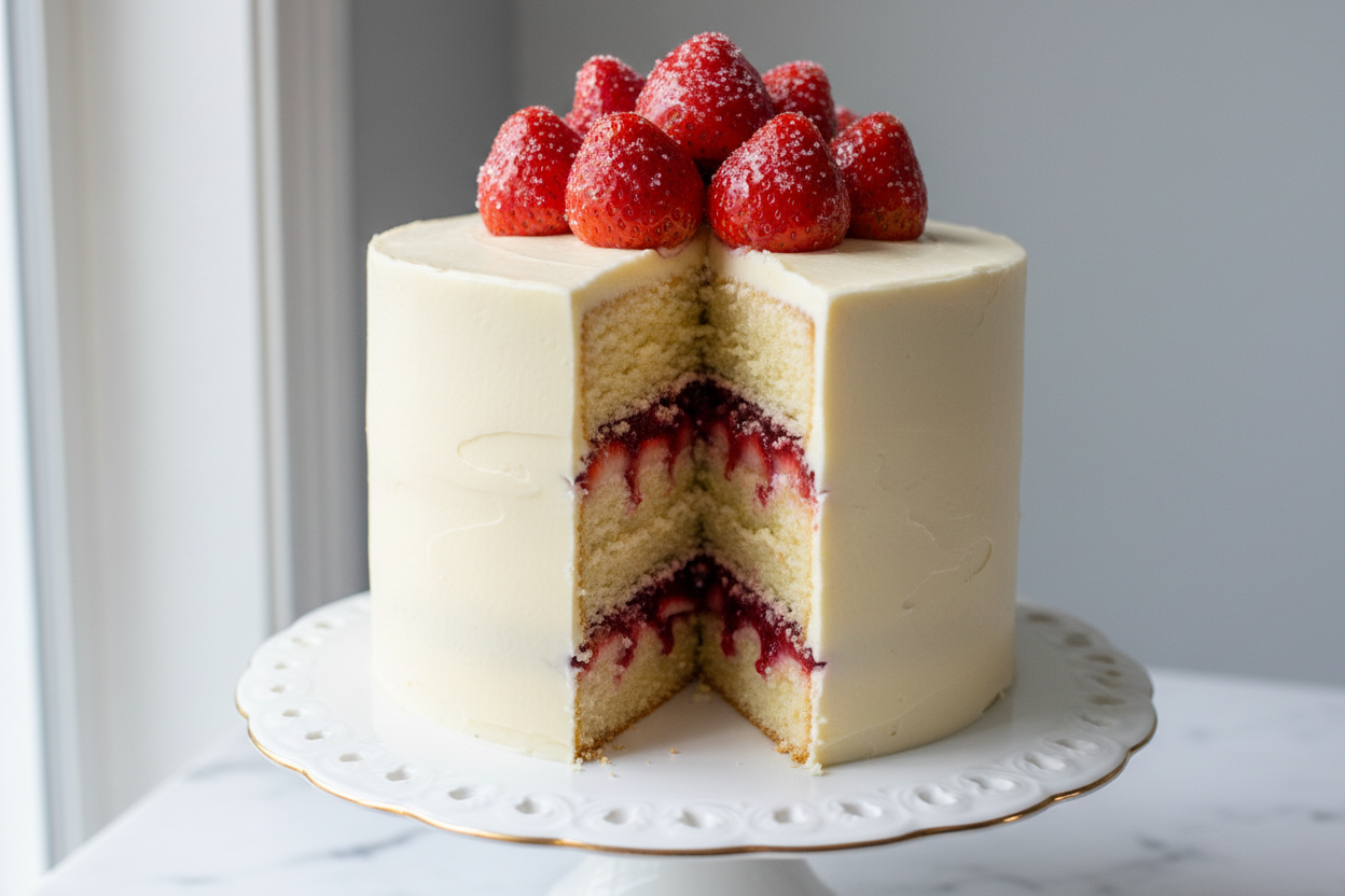 A tender, from-scratch cake infused with real French champagne and layered with strawberry preserves and fresh sliced strawberries. Wrapped in silky buttercream and finished with a crown of sugar-glazed berries, this cake is bright, elegant, and perfect for celebrating. 8 inches 3 layers