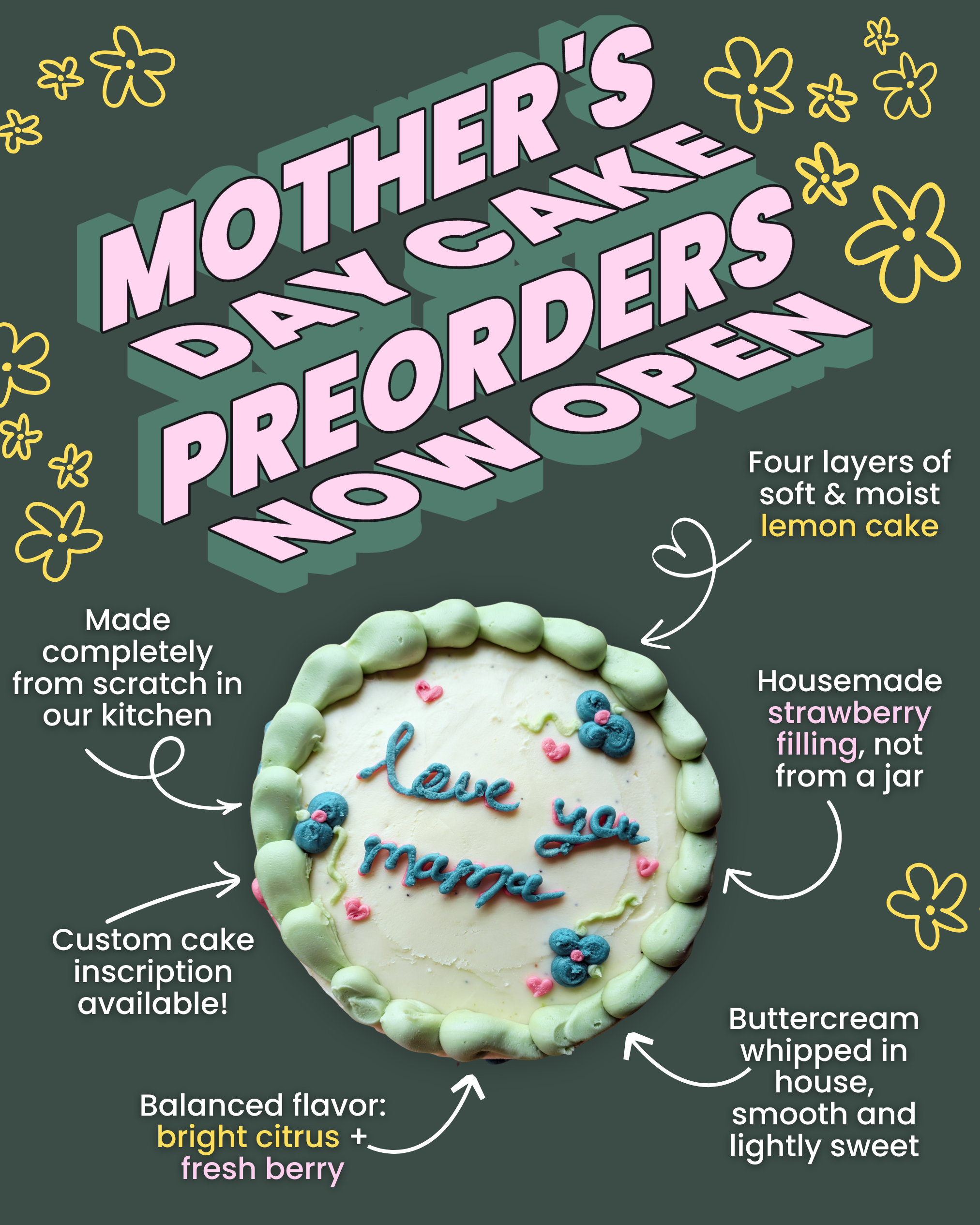 Mother's Day Cake Preorder — Lemon Poppyseed Cake w/ Strawberry Filling