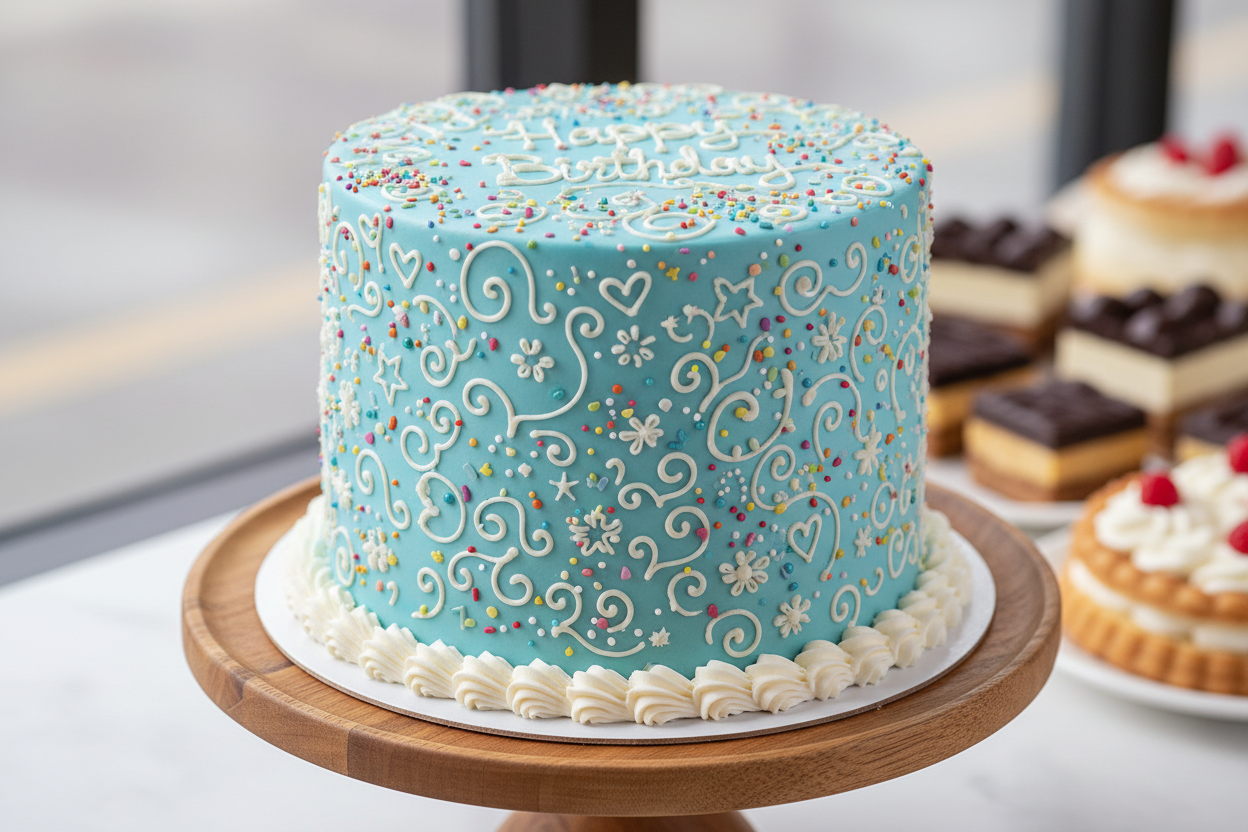 classic single tier tall birthday cake with intricate cute piping and happy birthday on top with colorful sprinkles