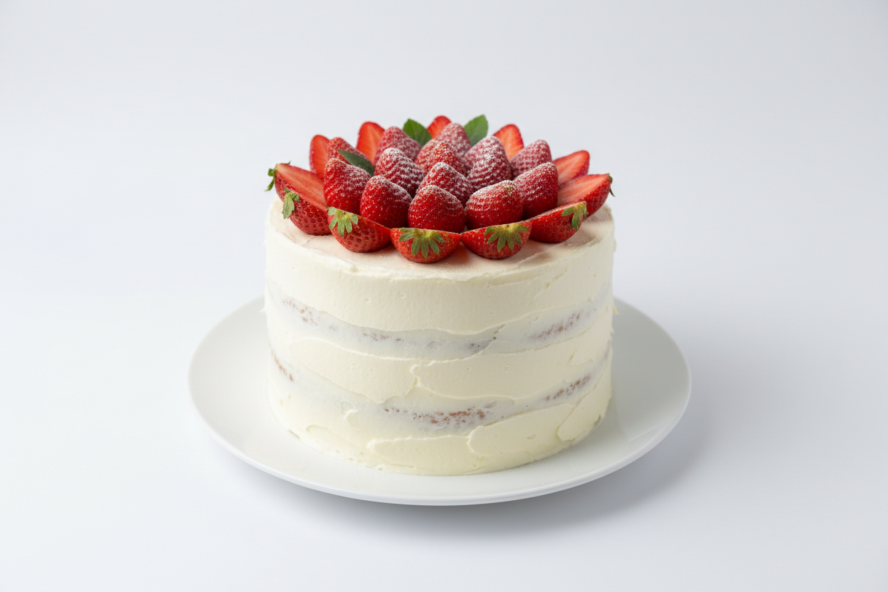 round 8" 3 tier vanilla cake topped with strawberries